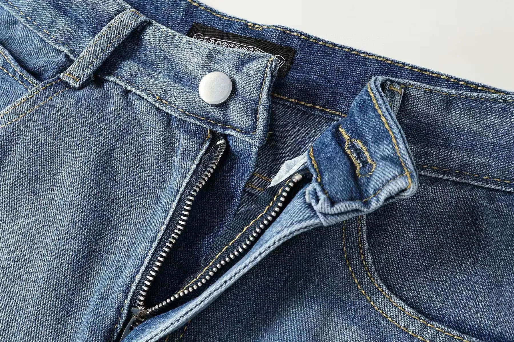 P270 Chrome Hearts/Chrome Hearts Classic Color Leather Cross Washed Color Fabric Unisex Denim Trousers Color: Picture Color Code Number: 28-36